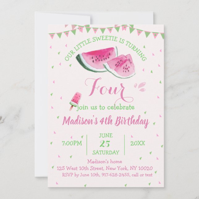 One In A Melon Cute Watermelon Four Birthday Invitation (Front)