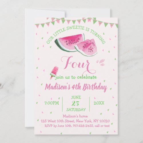 One In A Melon Cute Watermelon Four Birthday Invitation