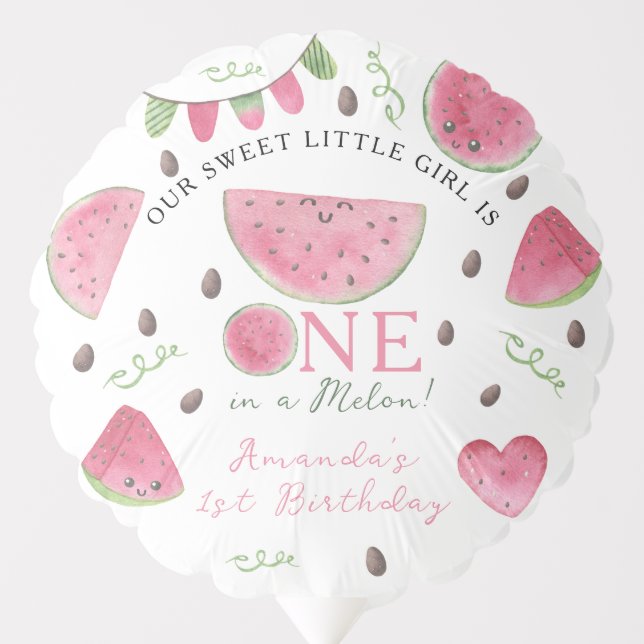 One in a Melon Cute Watermelon Girl 1st Birthday Balloon (Front)