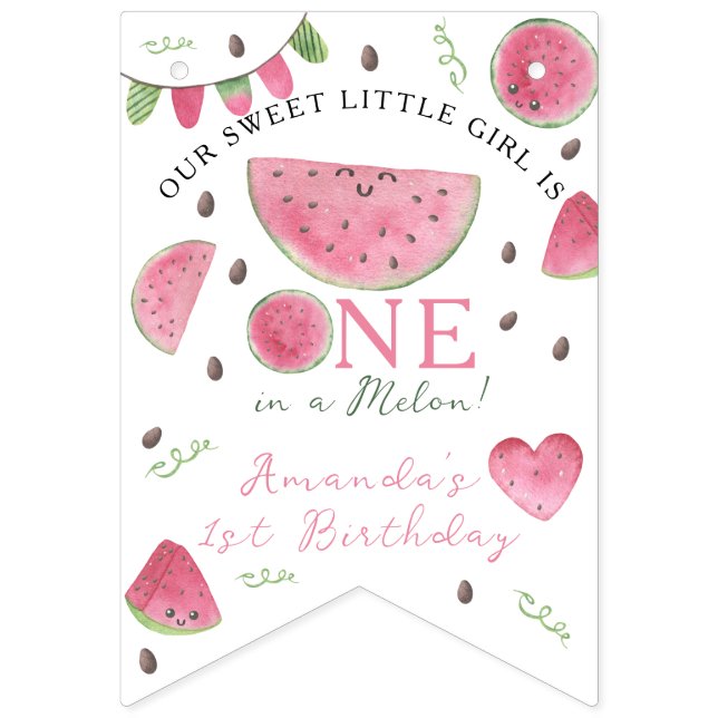 One in a Melon Cute Watermelon Girl 1st Birthday Bunting Flags (First Flag)