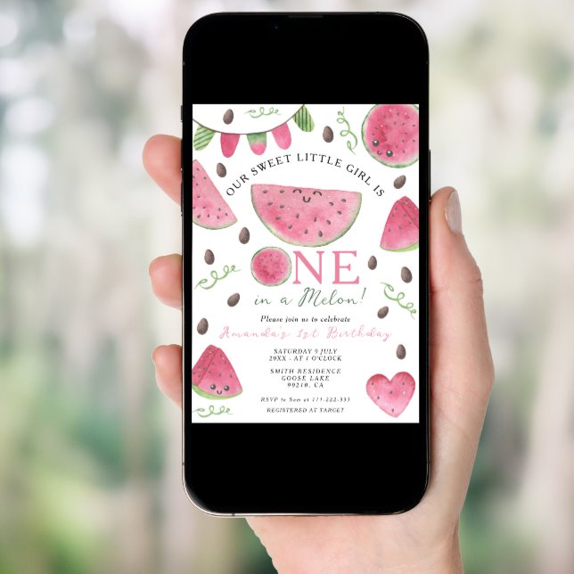 One in a Melon Cute Watermelon Girl 1st Birthday Invitation (Front Digital)