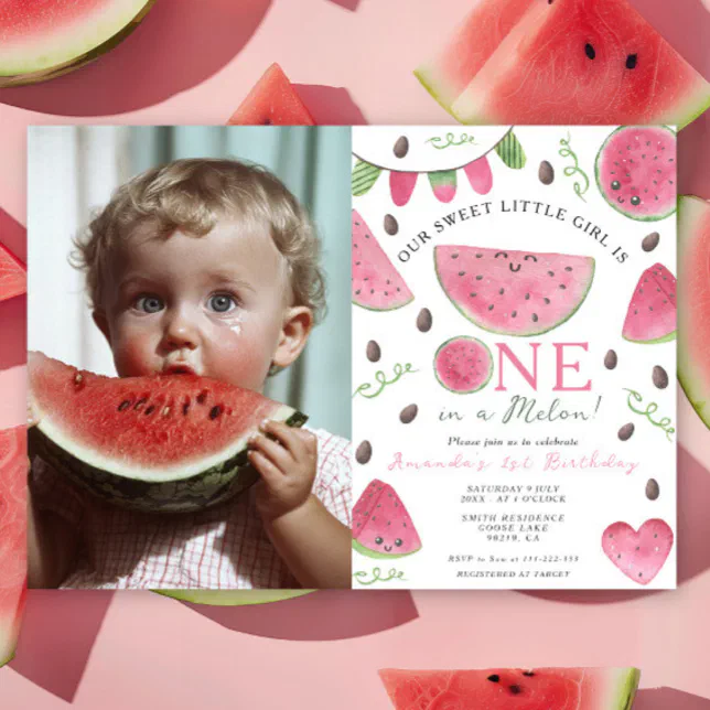 One in a Melon Cute Watermelon Girl 1st Birthday Invitation | Zazzle