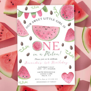 One in a Melon Cute Watermelon Girl 1st Birthday Invitation