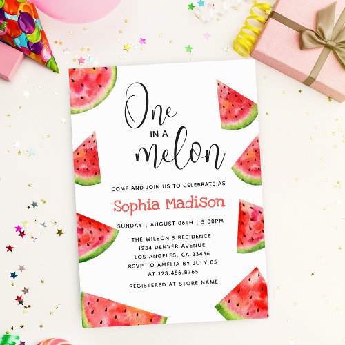 One in a Melon  Cute Watermelon Girl 1st Birthday Invitation