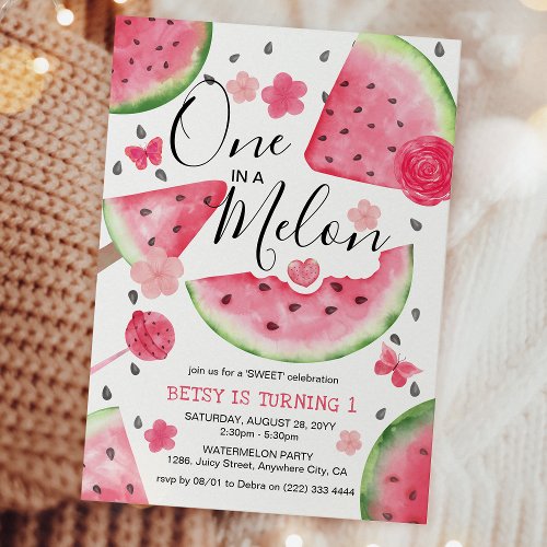 One in a Melon Cute Watermelon Girl 1st Birthday Invitation