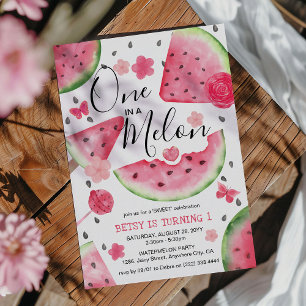 'One in a Melon' Cute Watermelon Girl 1st Birthday Invitation
