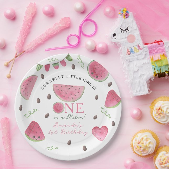 One in a Melon Cute Watermelon Girl 1st Birthday Paper Plates (Party)