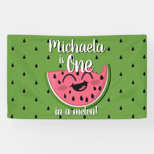 One in a Melon Cute Watermelon Green Birthday Banner