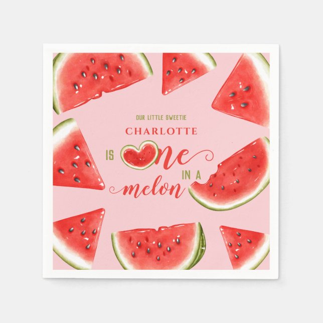 One In A Melon Cute Watermelon Pink 1st Birthday  Napkins (Front)