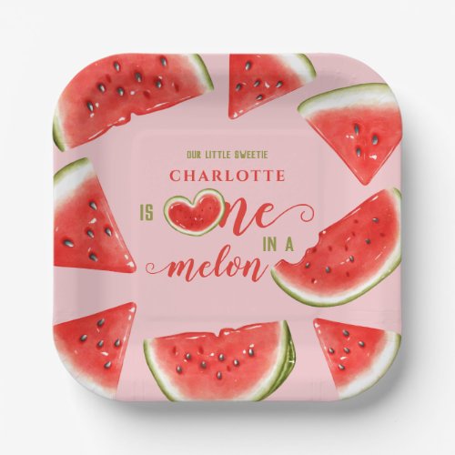 One In A Melon Cute Watermelon Pink 1st Birthday  Paper Plates