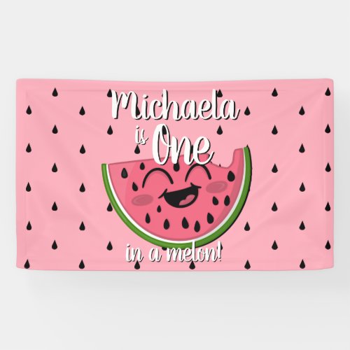One in a Melon Cute Watermelon Pink Birthday Banner