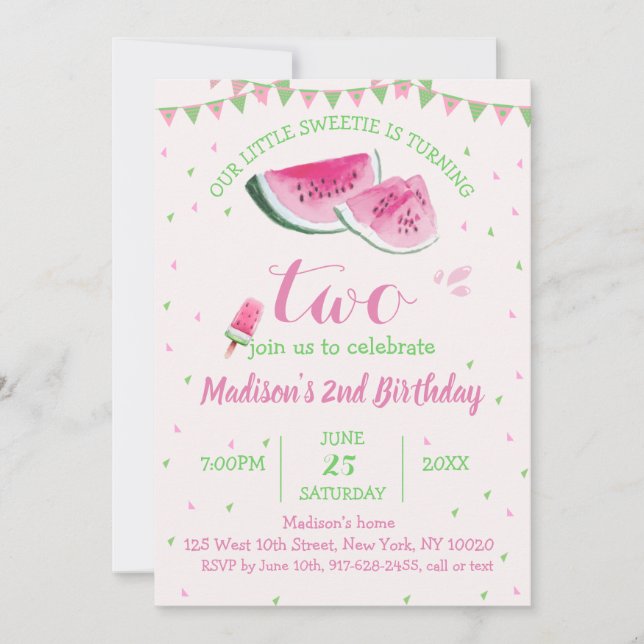 One In A Melon Cute Watermelon Second Birthday Invitation (Front)