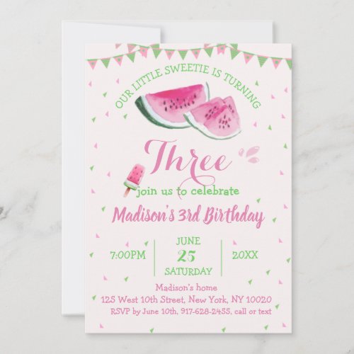 One In A Melon Cute Watermelon Third Birthday Invitation