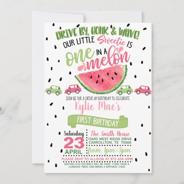 One In a Melon Drive By Birthday Invitation (Front)