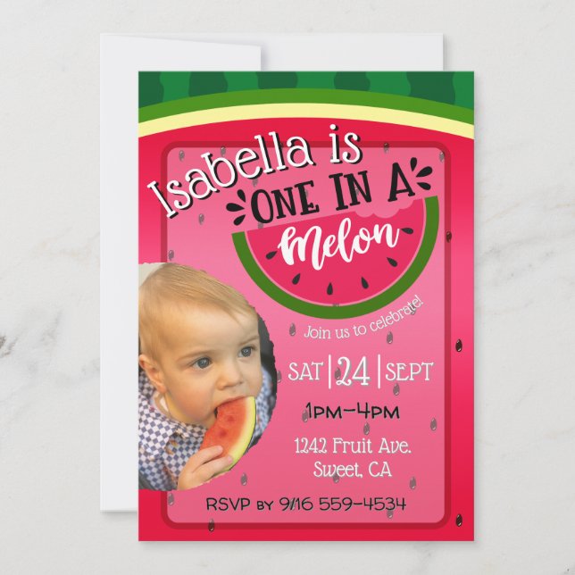 One in a Melon First Birthday invitation bright (Front)