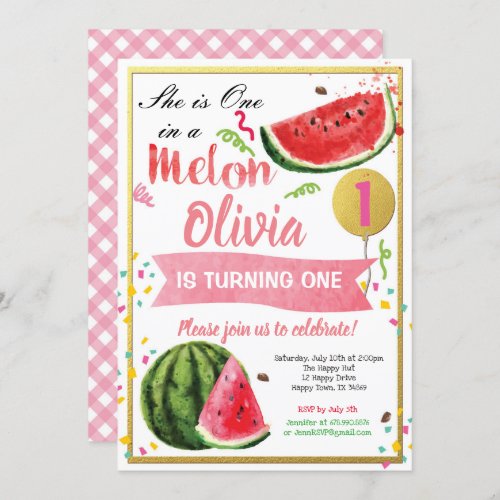 One in a melon first birthday invitation pink gold