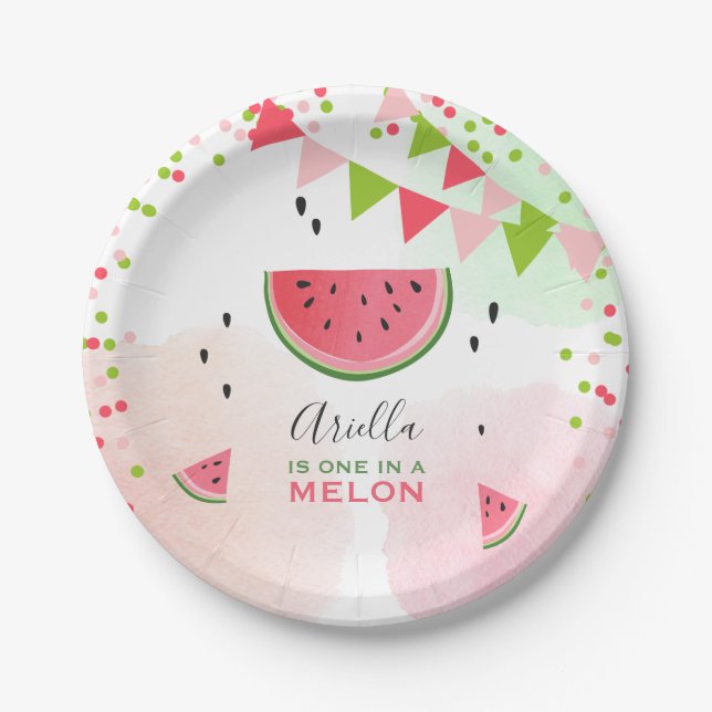 One in a melon First birthday Paper Plates summer (Front)