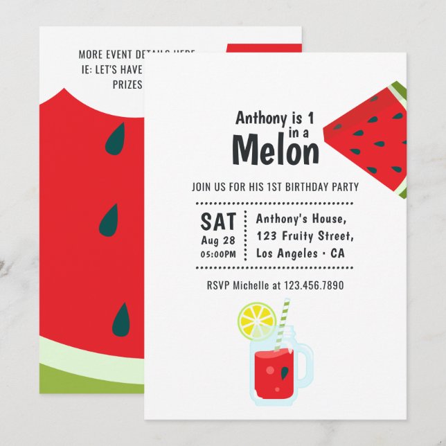 One in a Melon First Birthday Party Invitation (Front/Back)