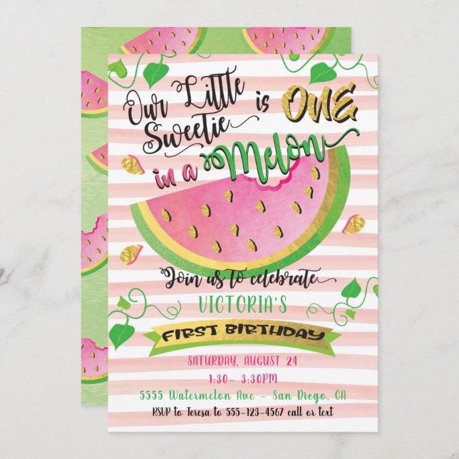 One in a Melon first Birthday Party invitation (Front/Back)