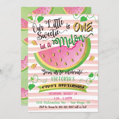 One in a Melon first Birthday Party invitation