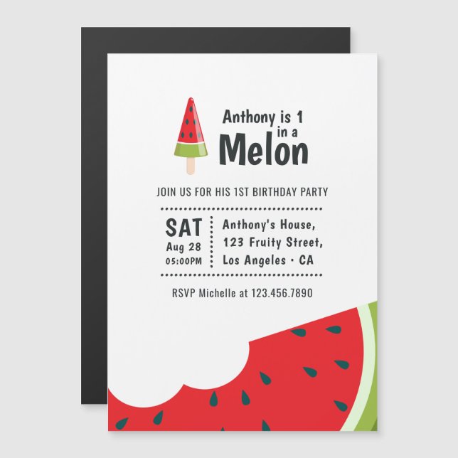 One in a Melon First Birthday Party Magnetic Invitation (Front/Back)