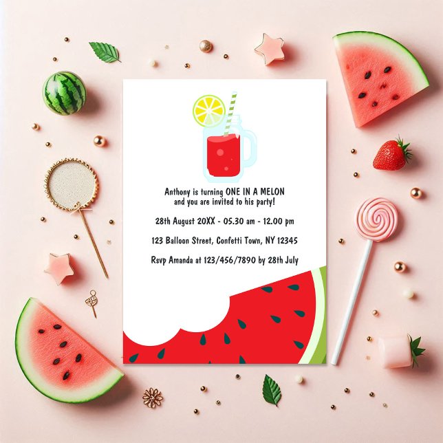 "One in a Melon" First Birthday Party Photo Invitation ("One in a Melon" First Birthday Party Photo Invitation)
