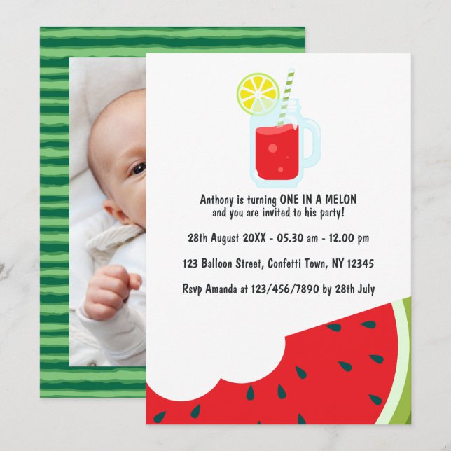 "One in a Melon" First Birthday Party Photo Invitation (Front/Back)