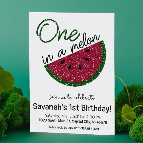 One in a Melon First Birthday party watermelon Invitation