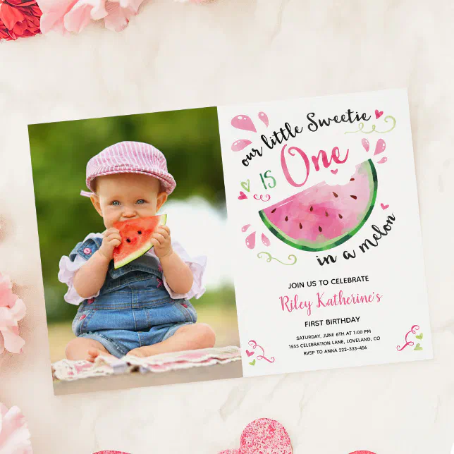 One in a Melon First Birthday Watermelon Photo Invitation | Zazzle