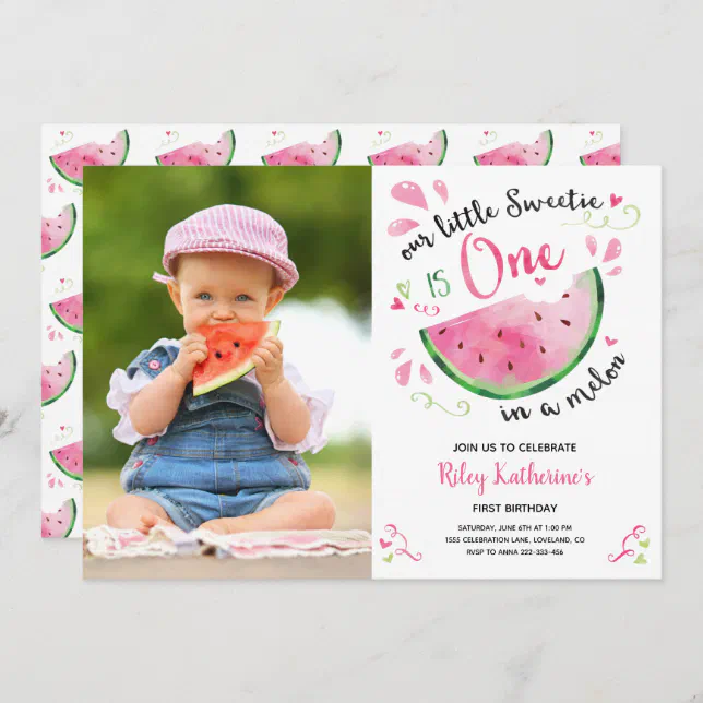 One In A Melon First Birthday Watermelon Photo Invitation 