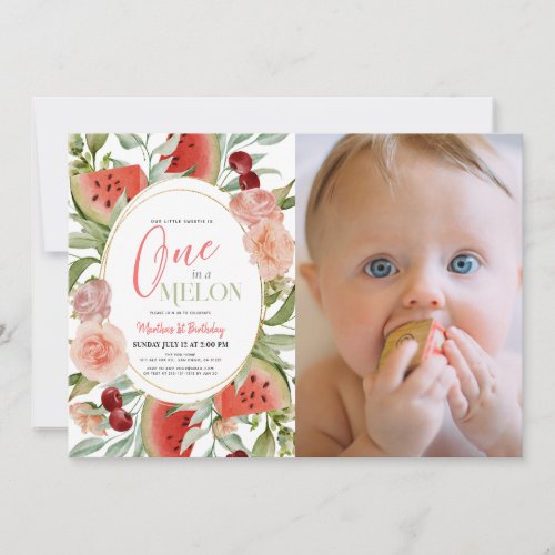 One in a Melon Floral Girl 1st Birthday Photo Invitation