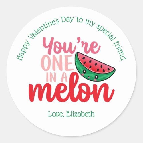 One In A Melon Funny Pun Cute Kids Valentines Day Classic Round Sticker