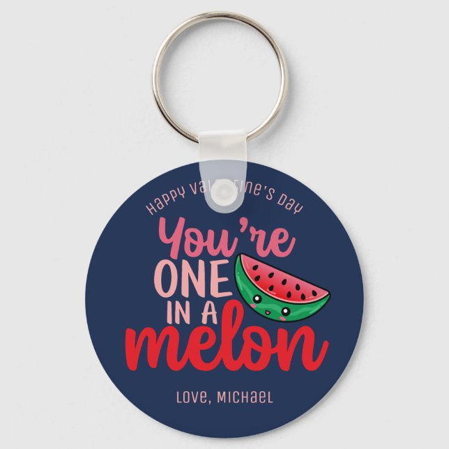 One In A Melon Funny Pun Cute Valentine's Day Keychain (Front)