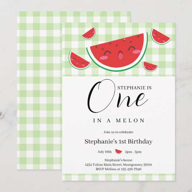 One in a Melon Gingham Summer 1st Birthday Party Invitation (Front/Back)