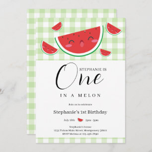 One in a Melon Gingham Summer 1st Birthday Party Invitation