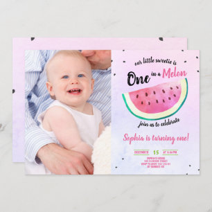 One in a Melon Girl 1st Birthday Watermelon Photo Invitation