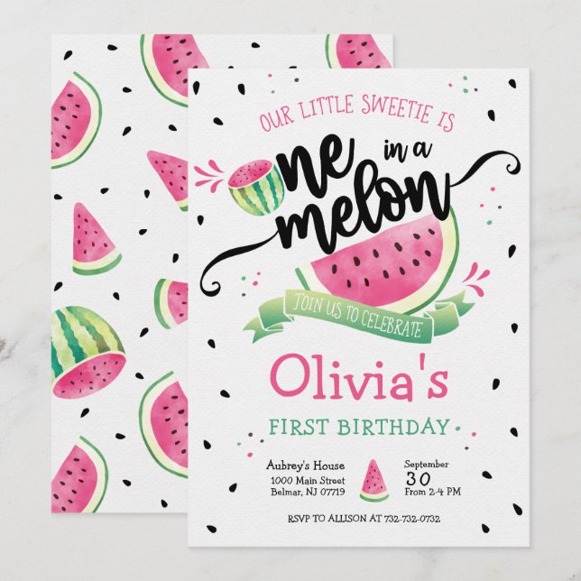 One in a Melon Girl First Birthday Invitation (Front/Back)
