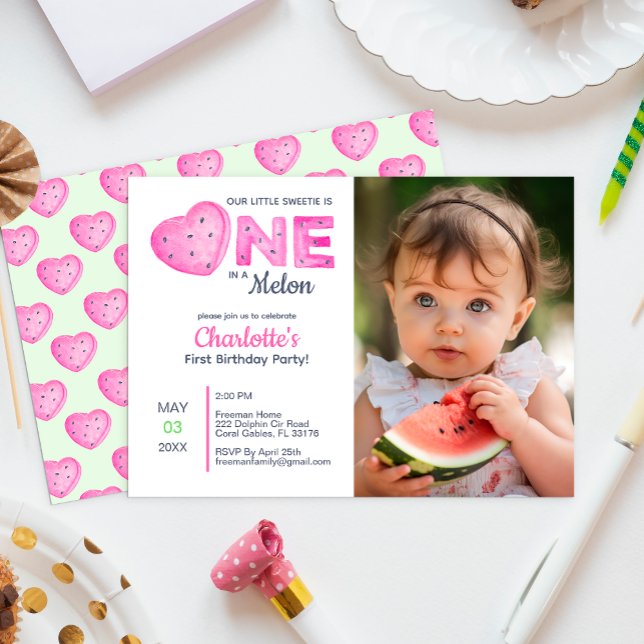 One in a Melon Girl Photo 1st Birthday Invitation (Creator Uploaded)