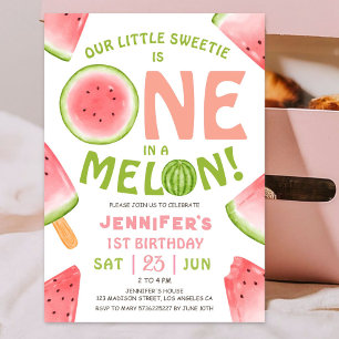 ONE in a Melon! Girl Pink Watermelon 1st Birthday Invitation