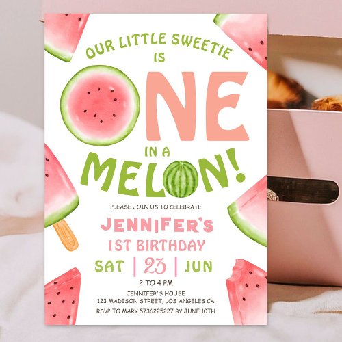ONE in a Melon Girl Pink Watermelon 1st Birthday  Invitation