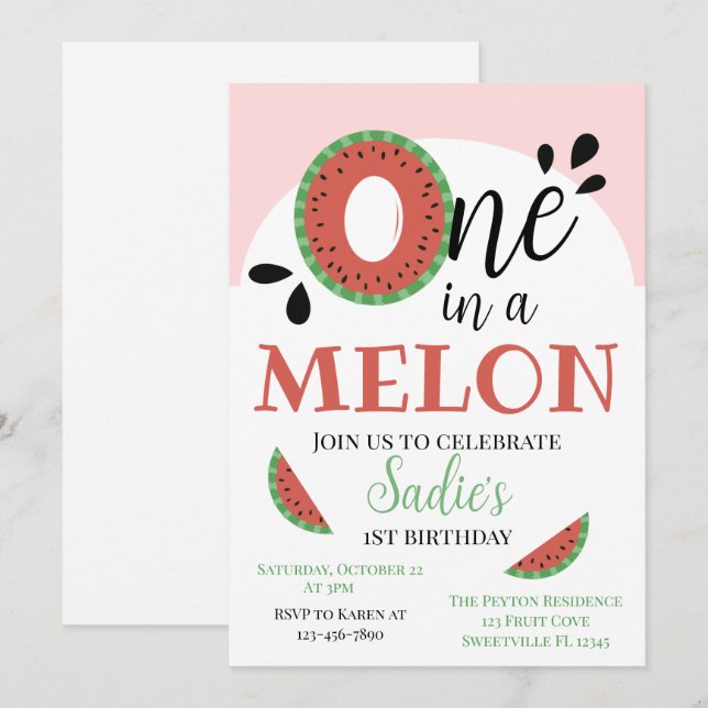 One in a Melon Girls First Birthday Invitation (Front/Back)
