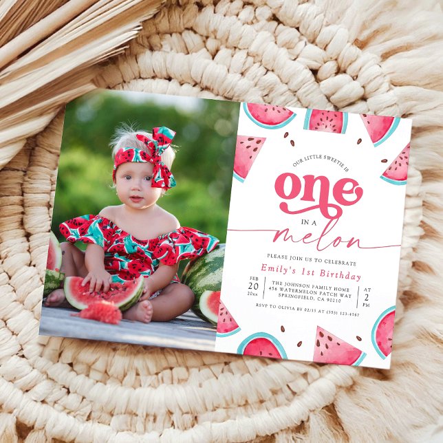 One in a Melon Girls Photo First Birthday Party Invitation (Creator Uploaded)