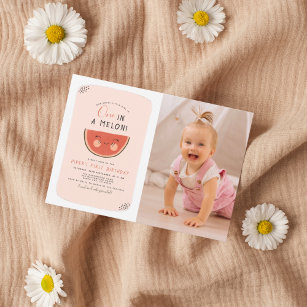 One In A Melon Girls Photo First Birthday Party Invitation