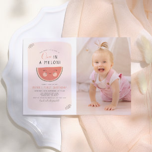 One In A Melon Girls Photo First Birthday Party Invitation