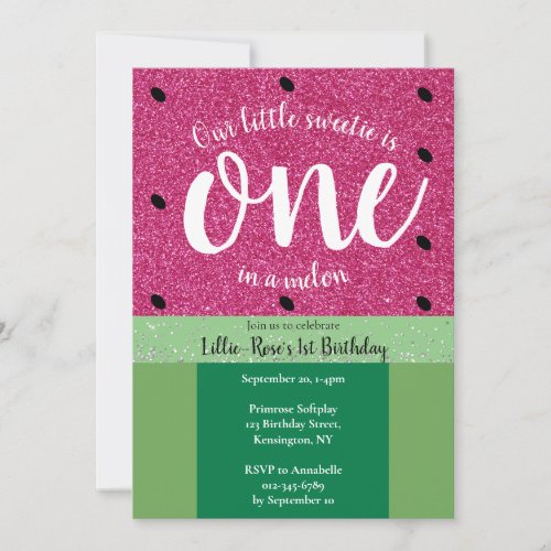 One in a Melon Girls Pink 1st Birthday  Invitation