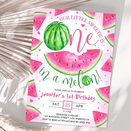 ONE in a Melon Girls Pink 1st Birthday Party Invitation