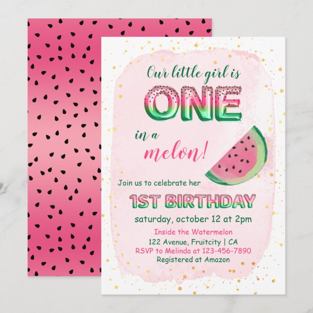 One in a Melon Girly 1st Birthday Invitation (Front/Back)