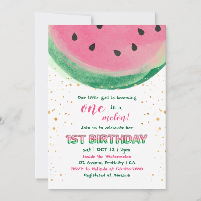 One in a Melon Girly 1st Birthday Invitation (Front)