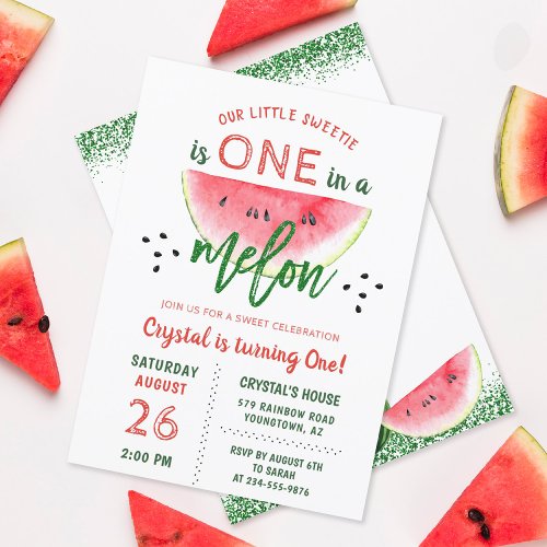 One in a Melon Glitter Watermelon First Birthday Invitation