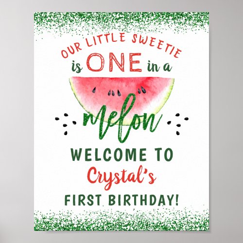One in a Melon Glitter Watermelon First Birthday Poster